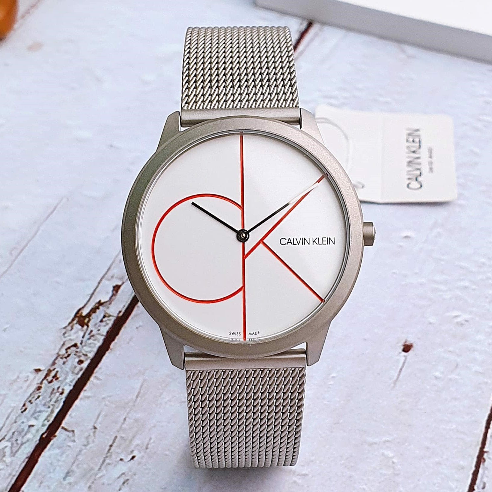  Shop Authentic Calvin Klein Minimal White Dial Silver Mesh Bracelet Watch for Men - K3M51152 - Luxxuri