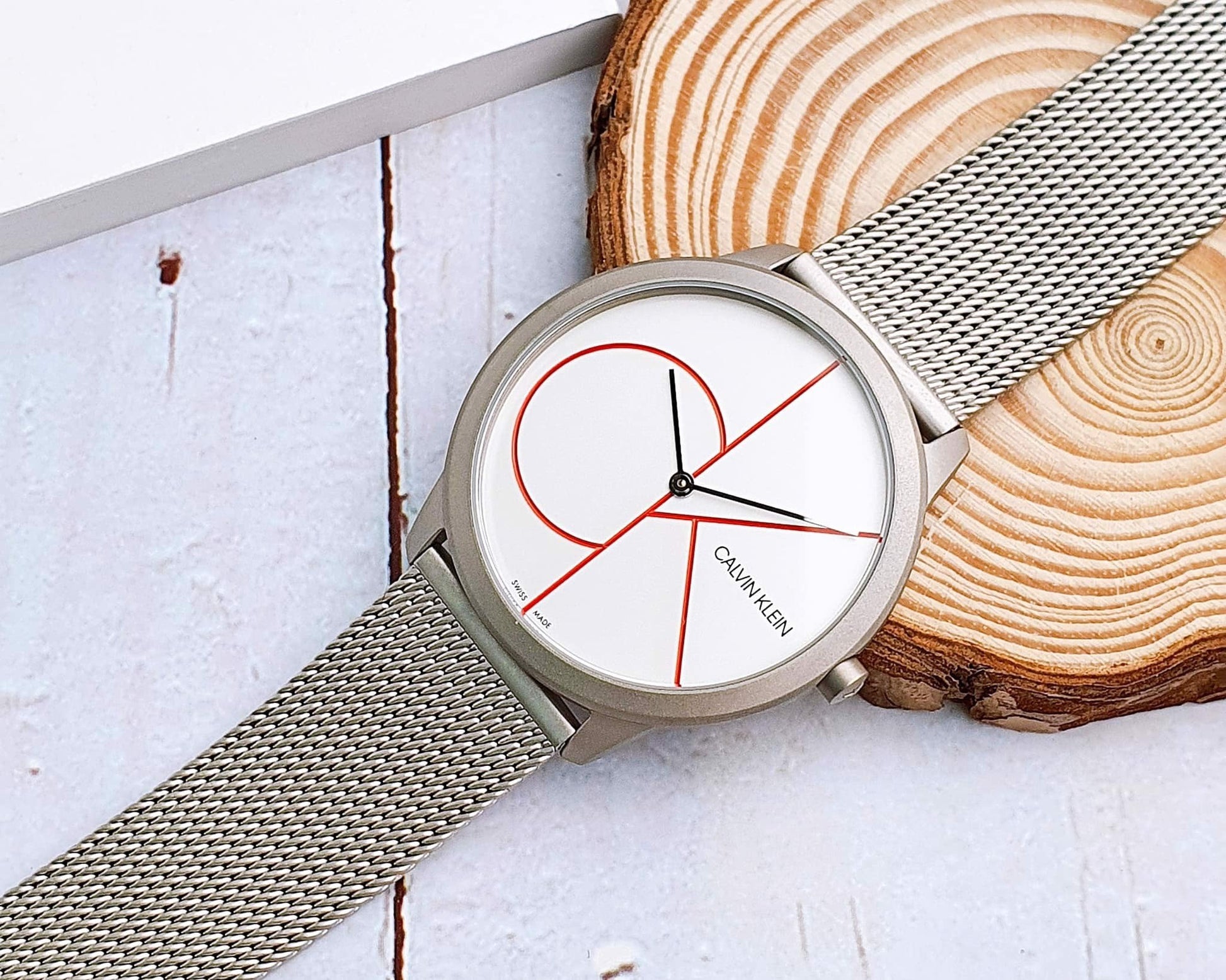  Shop Authentic Calvin Klein Minimal White Dial Silver Mesh Bracelet Watch for Men - K3M51152 - Luxxuri