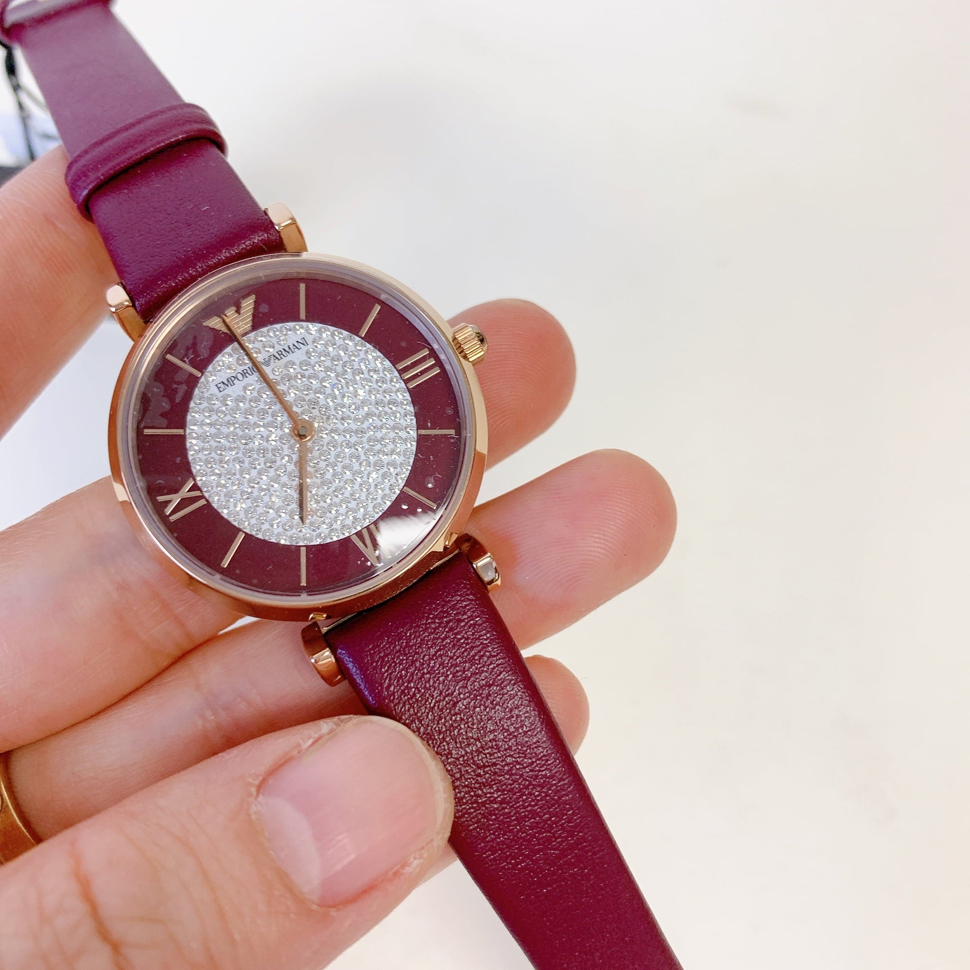  Shop Authentic Emporio Armani Gianni T Bar Crystals Maroon Dial Maroon Leather Strap Watch for Women - AR11487 - Luxxuri