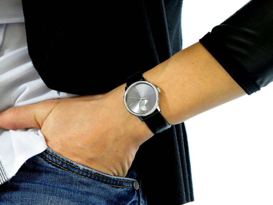  Shop Authentic Calvin Klein Accent Black Dial Black Leather Strap Watch for Women - K2Y231C3 - Luxxuri
