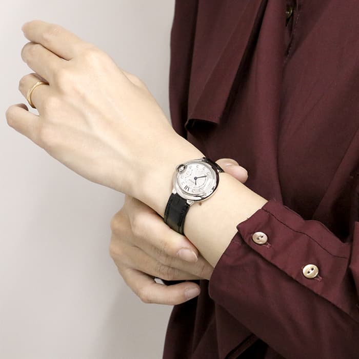  Shop Authentic Cartier Ballon Bleu de Cartier Diamonds Silver Dial Black Leather Strap Watch for Women - W4BB0008 - Luxxuri