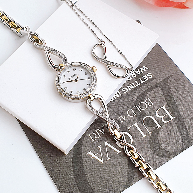  Shop Authentic Bulova Analog Crystals Mother of Pearl Dial Silver Steel Strap Watch for Women - 98X109 - Luxxuri