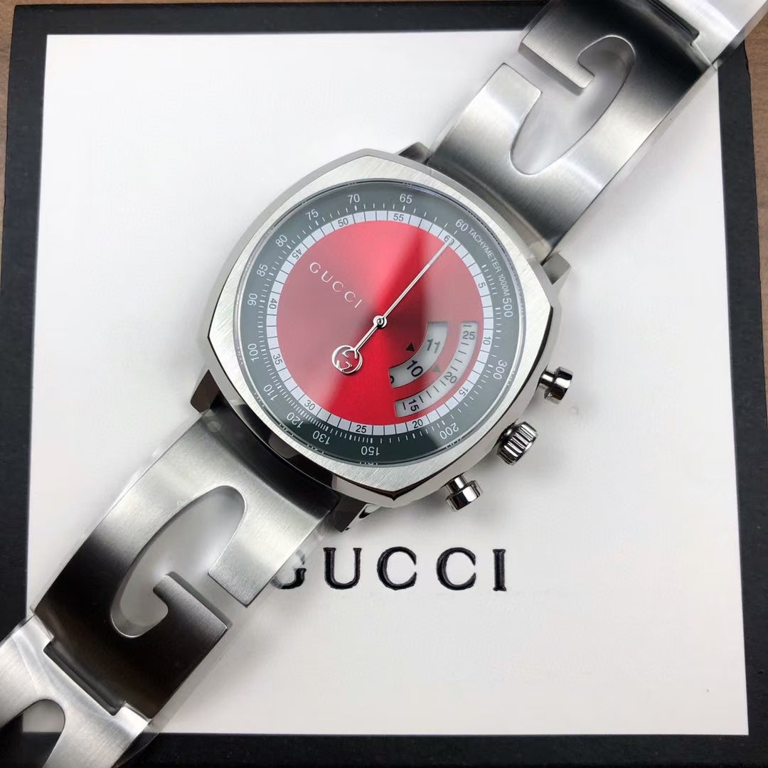  Shop Authentic Gucci Grip Quartz Chronograph Red Dial Silver Steel Strap Watch For Men - YA157303 - Luxxuri