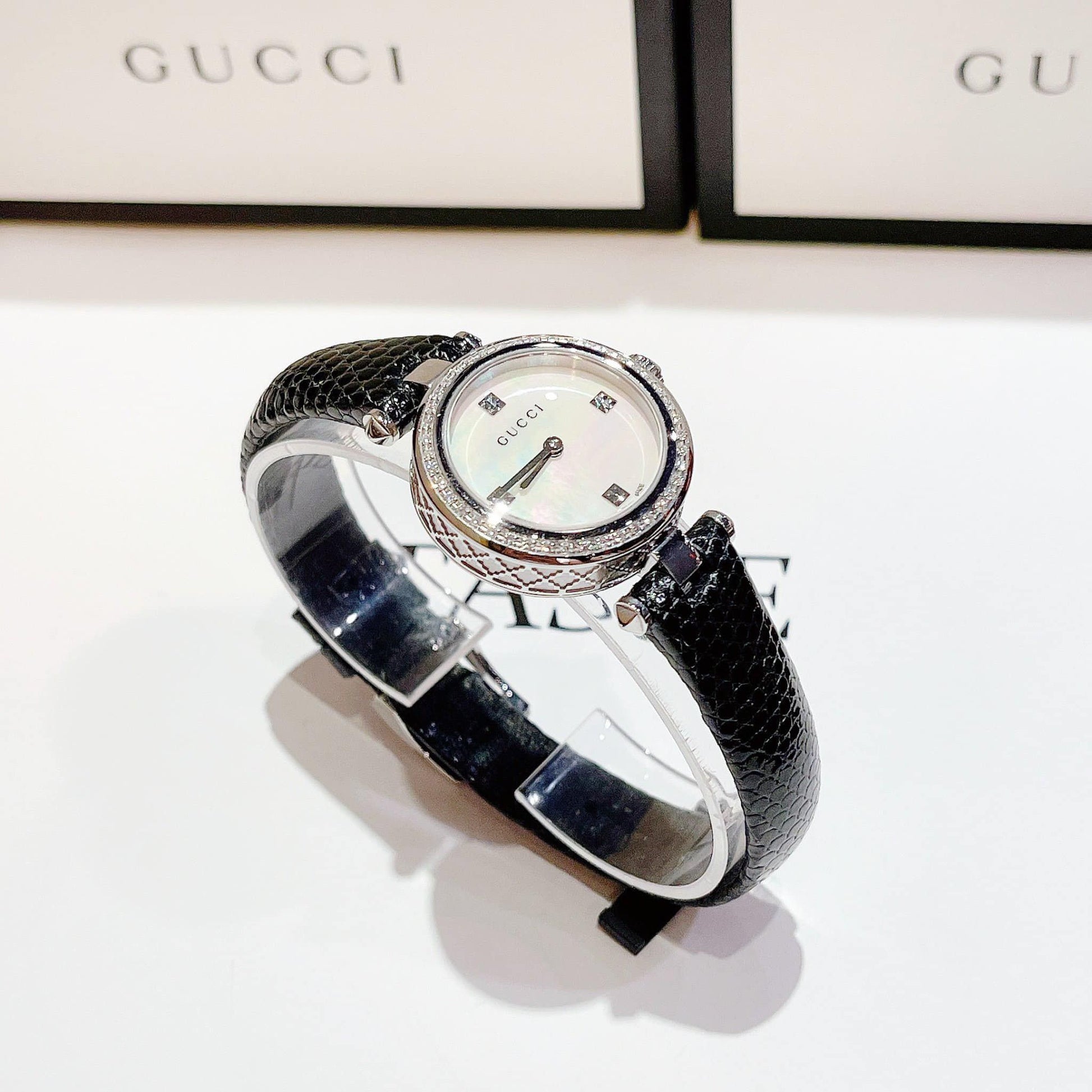  Shop Authentic Gucci Diamantissima Diamonds Mother of Pearl Dial Black Leather Strap Watch For Women - YA141511 - Luxxuri