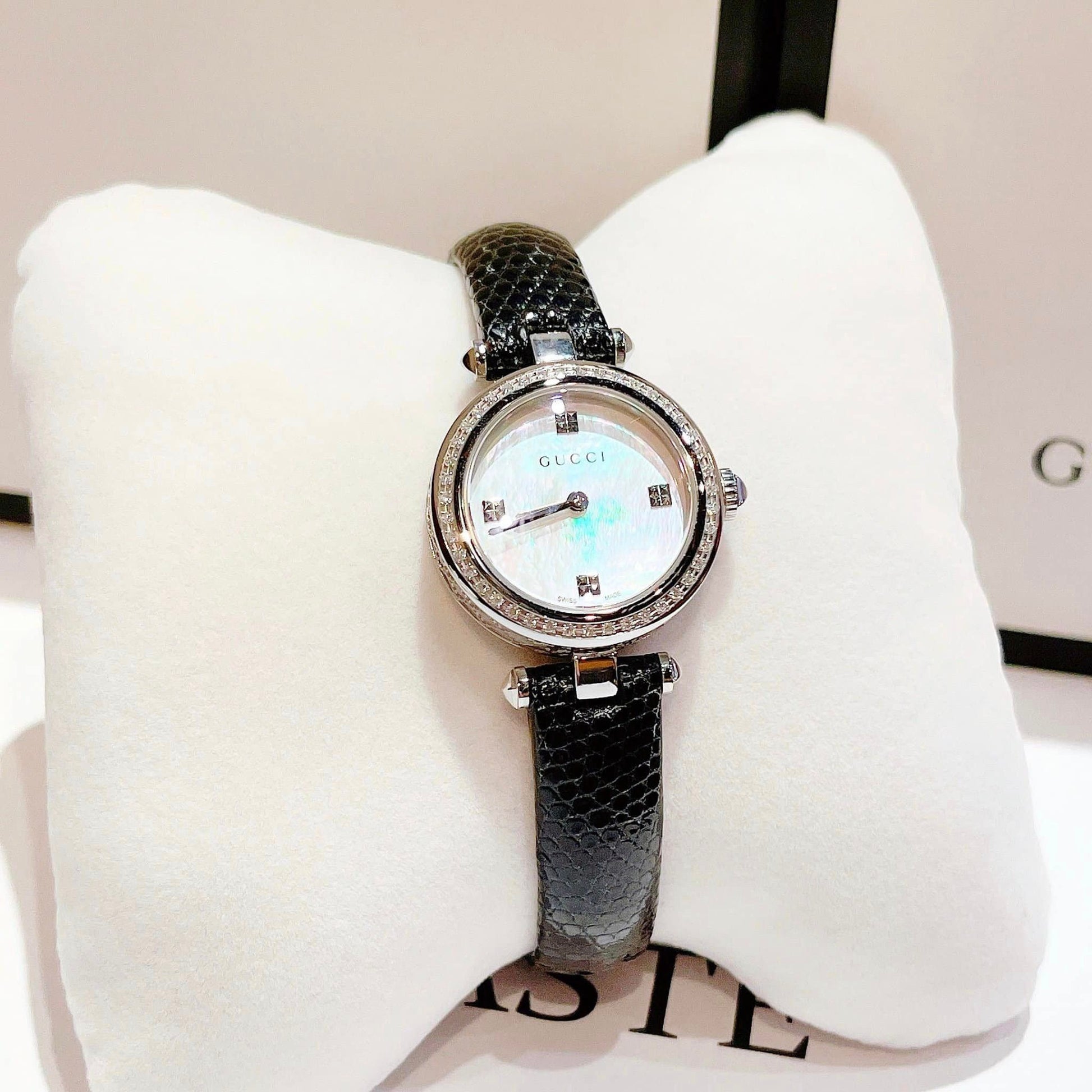  Shop Authentic Gucci Diamantissima Diamonds Mother of Pearl Dial Black Leather Strap Watch For Women - YA141511 - Luxxuri