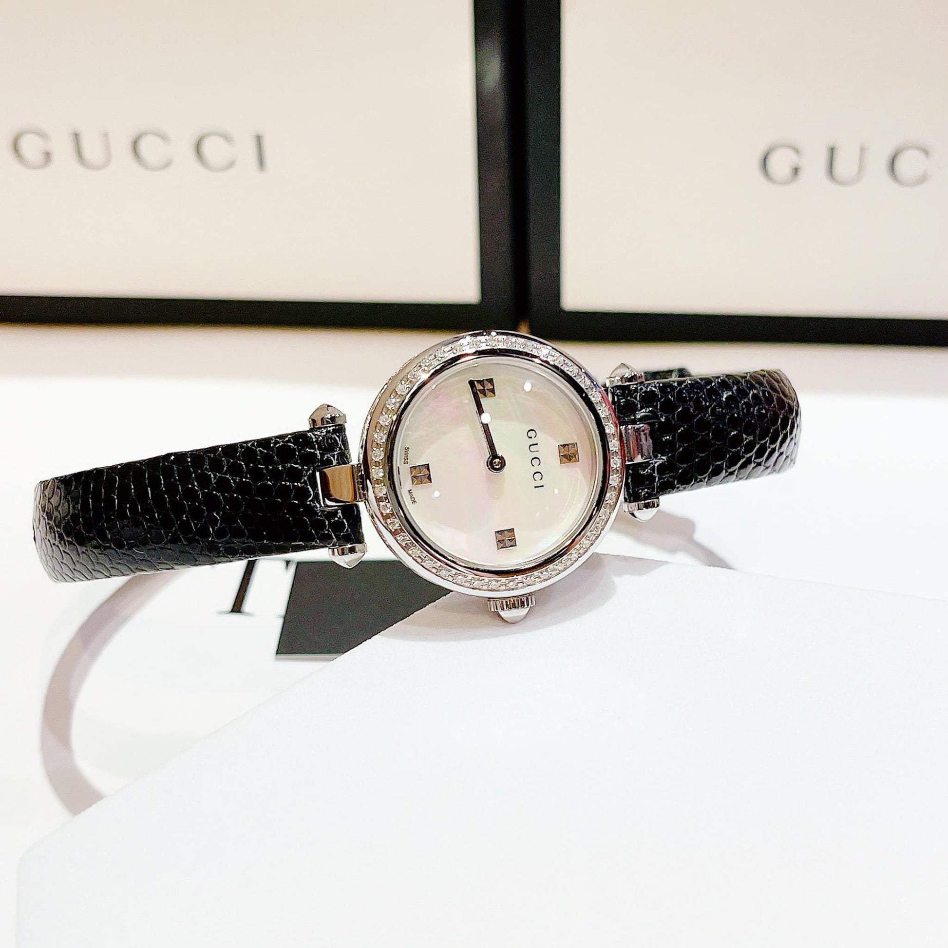  Shop Authentic Gucci Diamantissima Diamonds Mother of Pearl Dial Black Leather Strap Watch For Women - YA141511 - Luxxuri