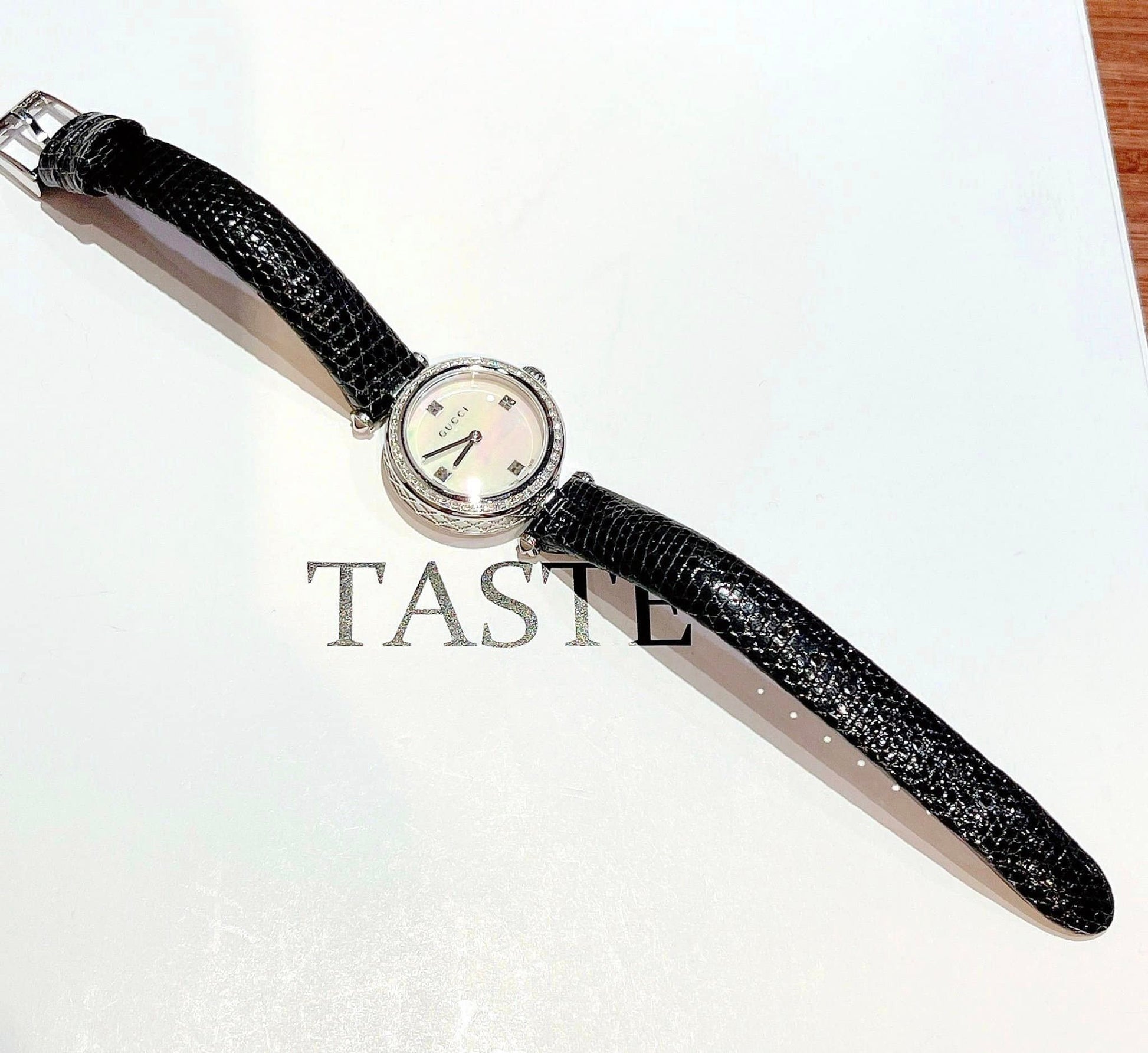  Shop Authentic Gucci Diamantissima Diamonds Mother of Pearl Dial Black Leather Strap Watch For Women - YA141511 - Luxxuri
