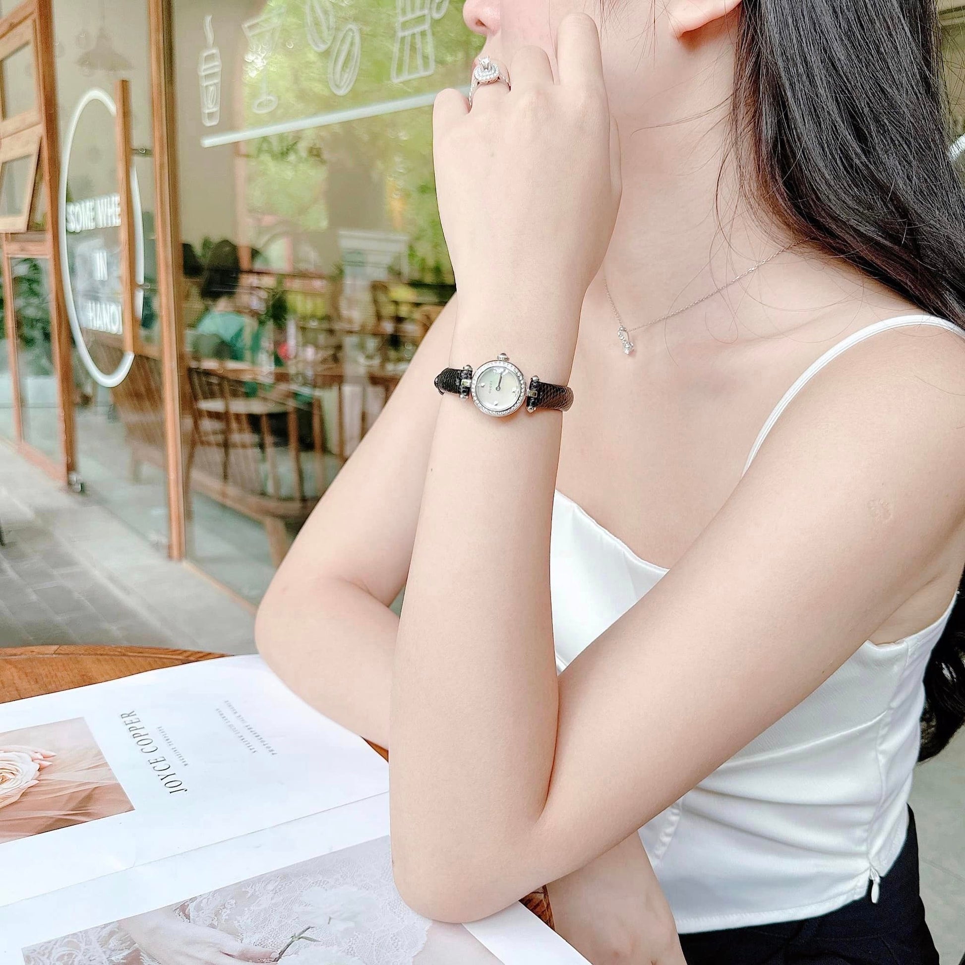  Shop Authentic Gucci Diamantissima Diamonds Mother of Pearl Dial Black Leather Strap Watch For Women - YA141511 - Luxxuri