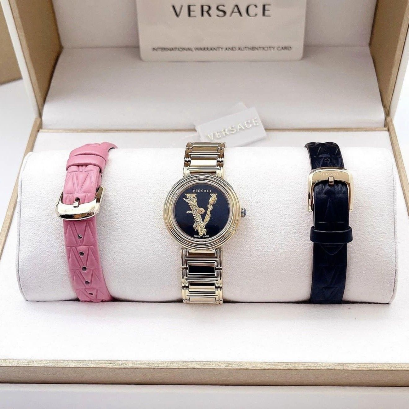 Versace V Virtus Quartz Black Dial Gold Steel Strap Watch For Women - VET300121