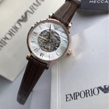  Shop Authentic Emporio Armani Meccanico Skeleton Mother of Pearl Dial Brown Leather Strap Watch For Women - AR1993 - Luxxuri