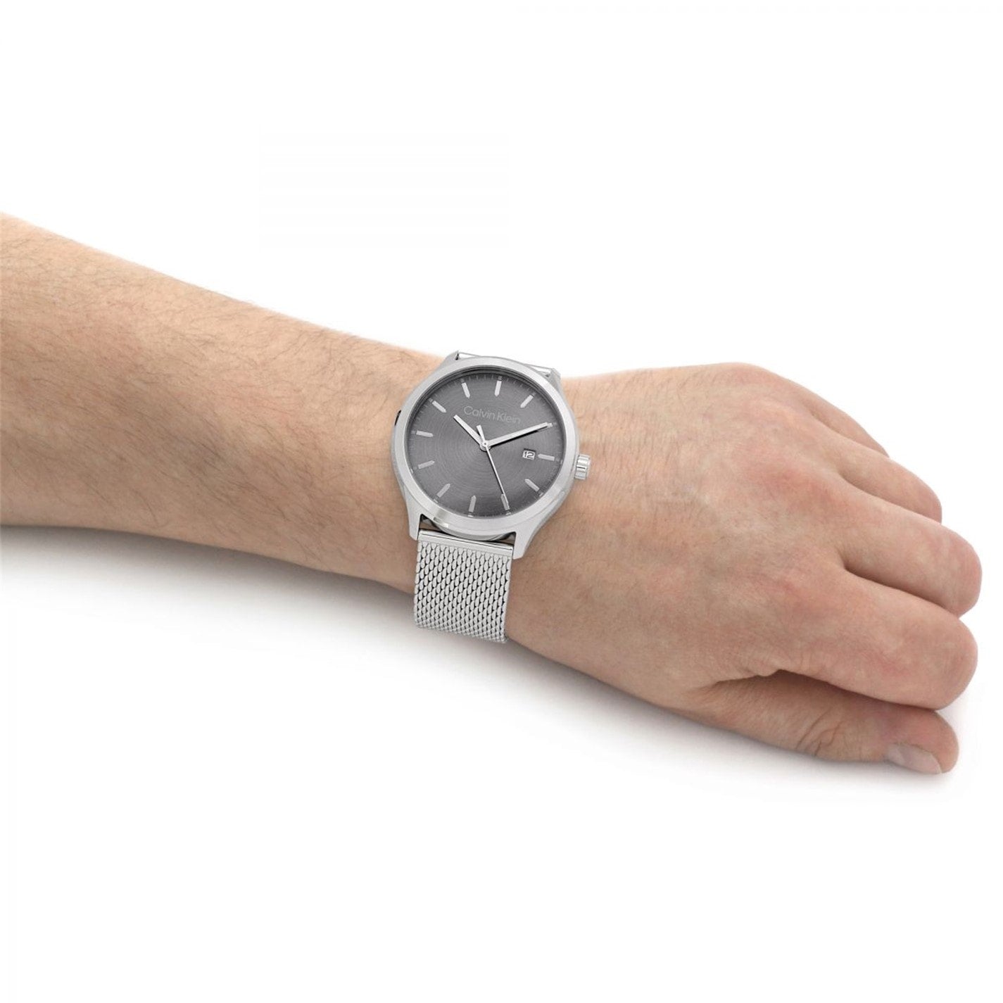  Shop Authentic Calvin Klein Minimal Grey Dial Silver Mesh Bracelet Watch for Men - K3M21124 - Luxxuri