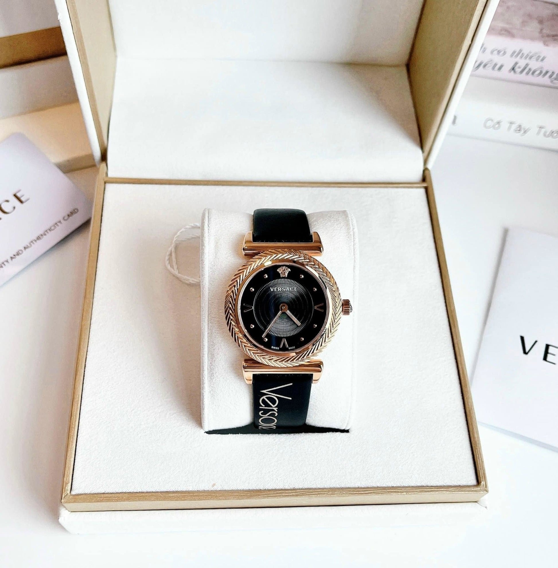  Shop Authentic Versace V-Motif Vintage Logo Black Dial Black Leather Strap Watch for Women - VERE00818 - Luxxuri