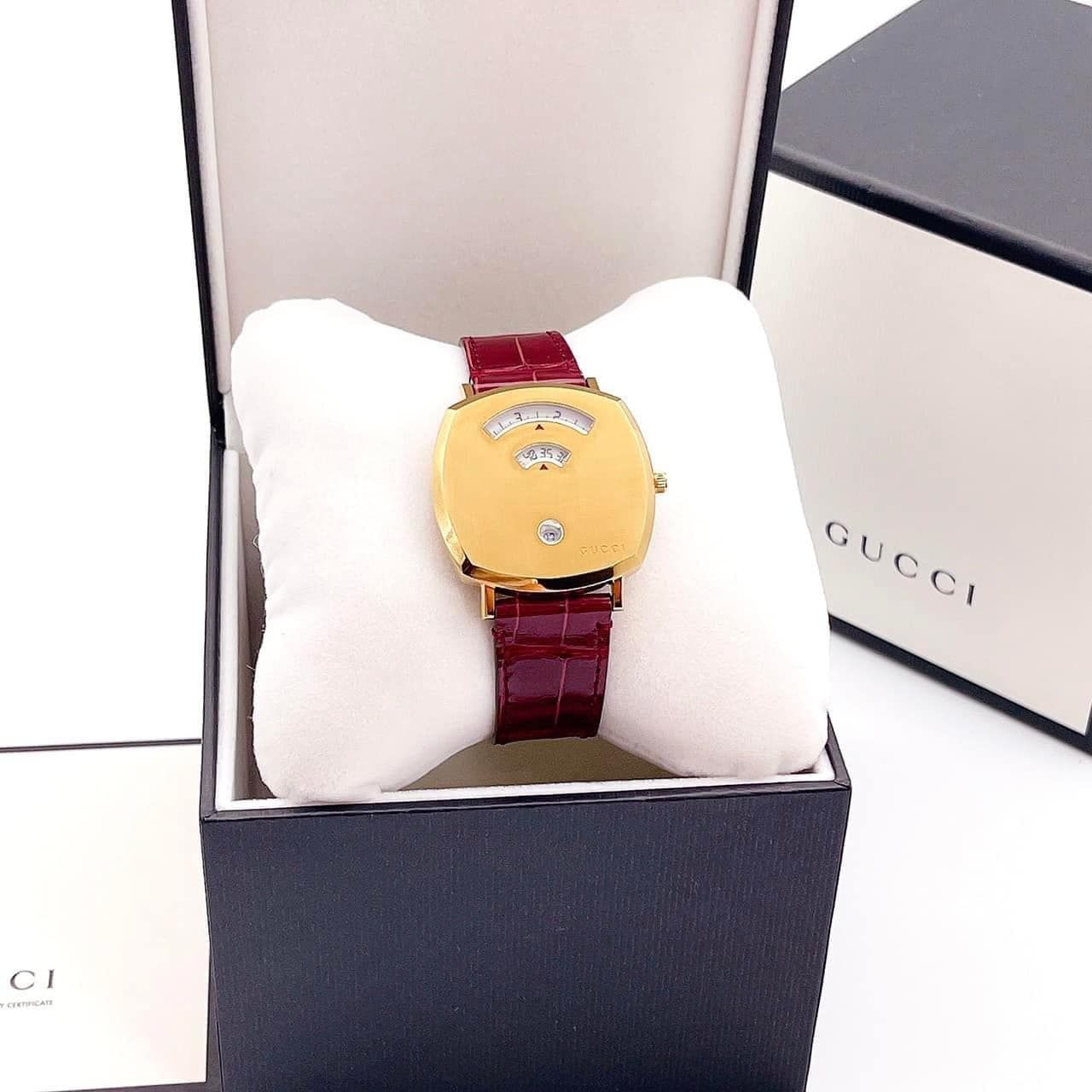  Shop Authentic Gucci Grip Quartz Gold Dial Maroon Leather Strap Watch For Women - YA157413 - Luxxuri