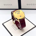  Shop Authentic Gucci Grip Quartz Gold Dial Maroon Leather Strap Watch For Women - YA157413 - Luxxuri