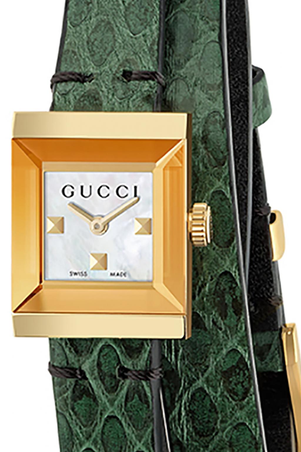  Shop Authentic Gucci G Frame Double Mother of Pearl Dial Green Leather Strap Watch For Women - YA128525 - Luxxuri