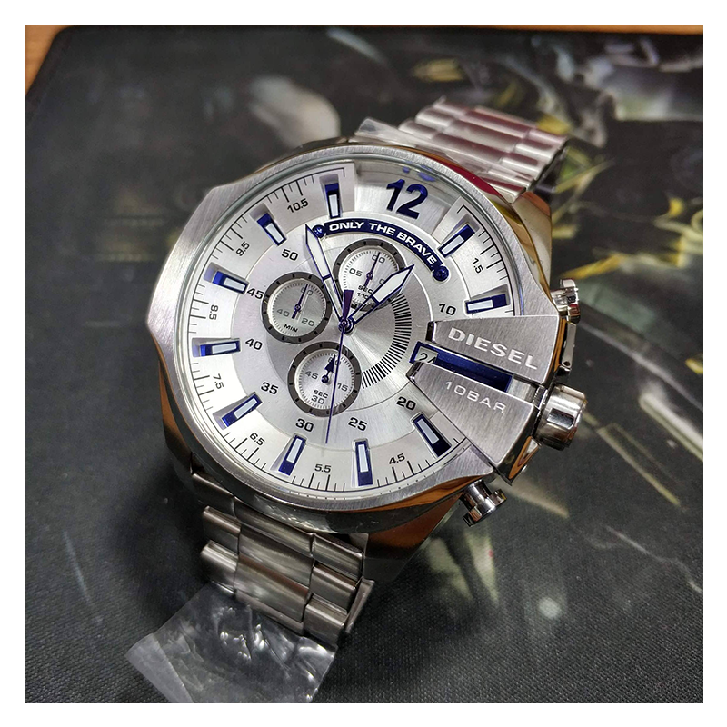  Shop Authentic Diesel Mega Chief Chronograph Silver Dial Silver Steel Strap Watch For Men - DZ4477 - Luxxuri