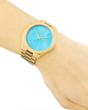  Shop Authentic Michael Kors Slim Runway Blue Mother of Pearl Dial Gold Steel Strap Watch for Women - MK3492 - Luxxuri