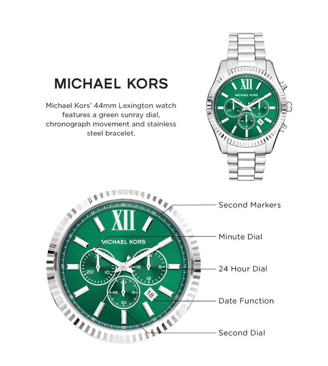  Shop Authentic Michael Kors Lexington Chronograph Green Dial Silver Steel Strap Watch for Women - MK9152 - Luxxuri