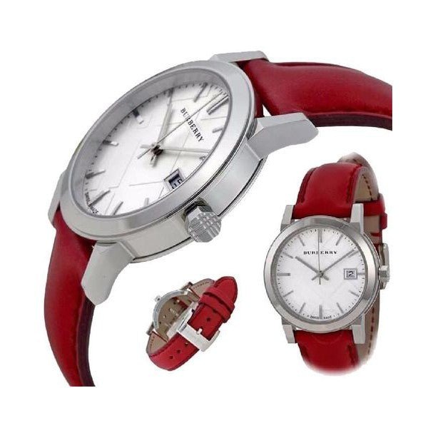  Shop Authentic Burberry The City Silver Dial Red Leather Strap Watch for Women - BU9129 - Luxxuri