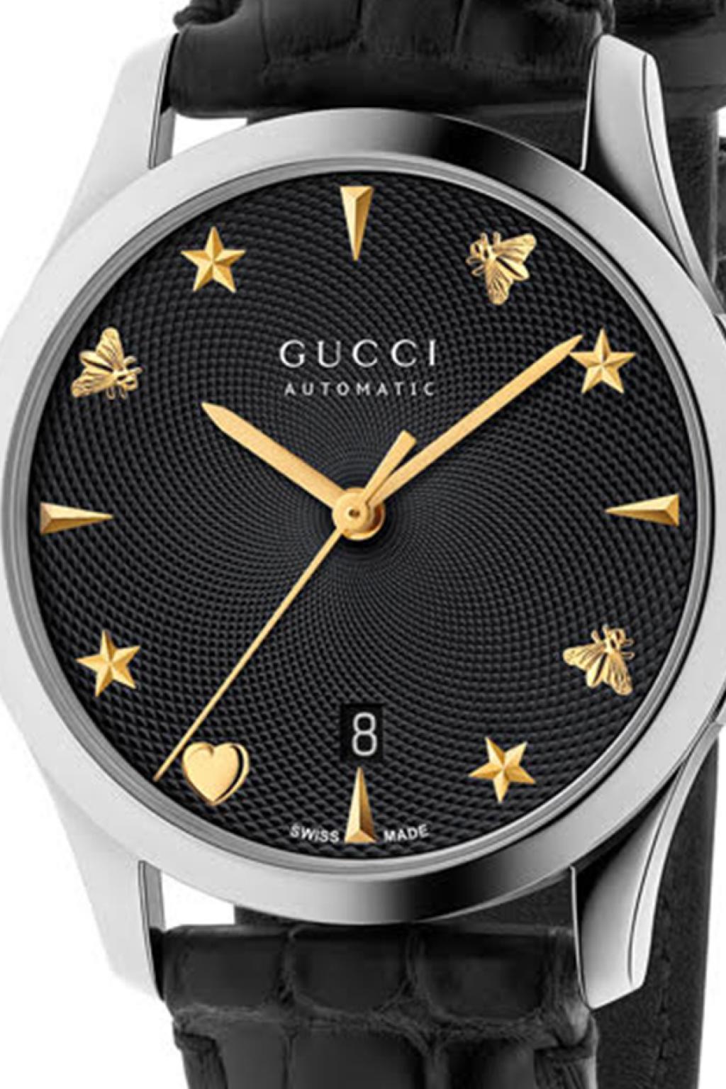 Gucci G Timeless Automatic Black Dial Black Leather Strap Watch For Women - YA126469