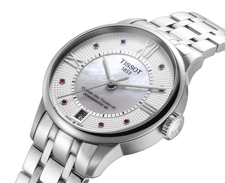  Shop Authentic Tissot Chemin Des Tourelles Powermatic 80 Rubies Mother of Pearl Dial Silver Steel Strap Watch For Women - T099.207.11.113.00 - Luxxuri