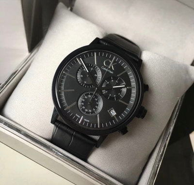  Shop Authentic Calvin Klein Post Minimal Chronograph Black Dial Black Leather Strap Watch for Men - K7627401 - Luxxuri