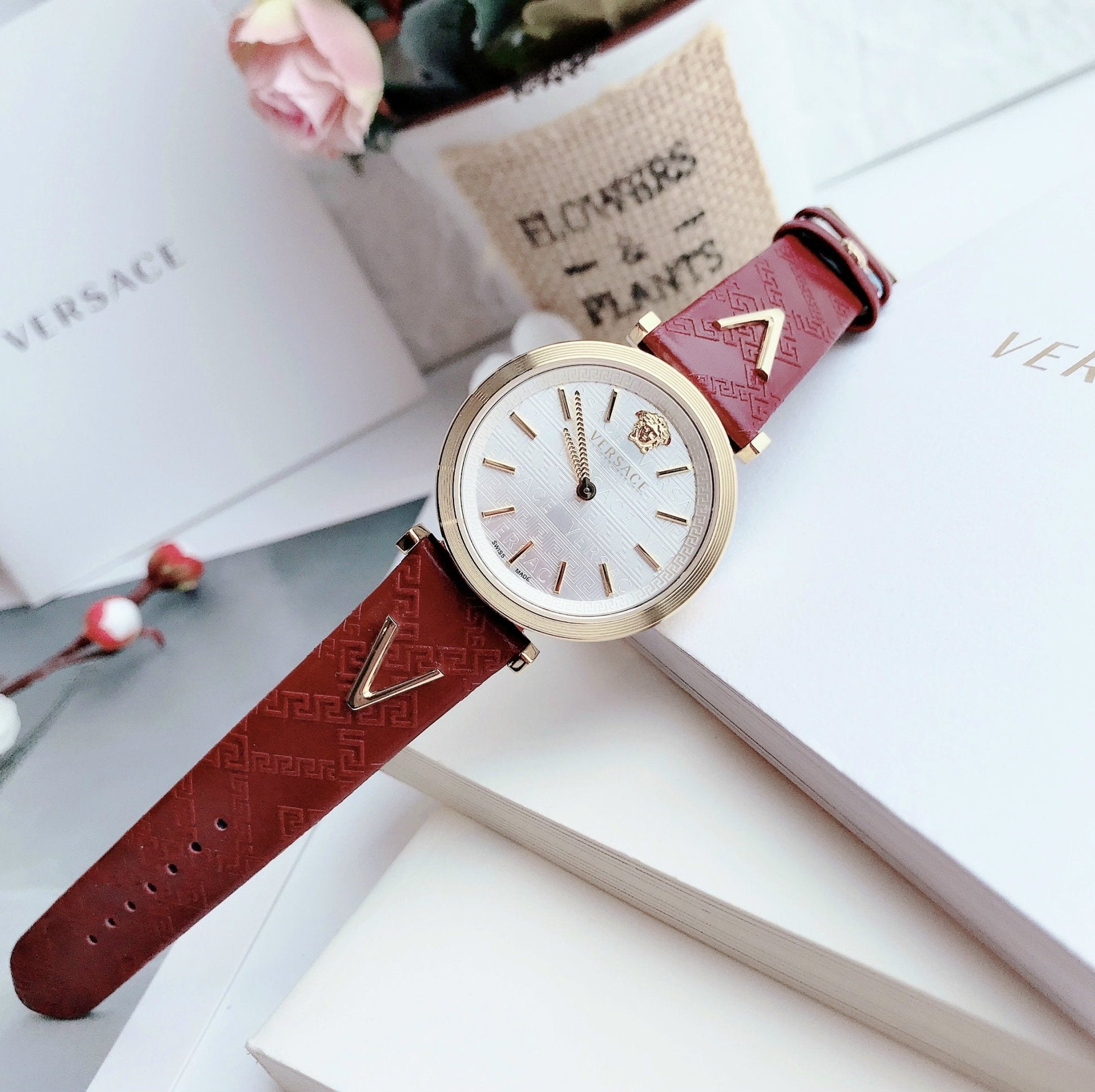  Shop Authentic Versace V-Twist Silver Dial Red Leather Strap Watch for for Women - VELS00519 - Luxxuri