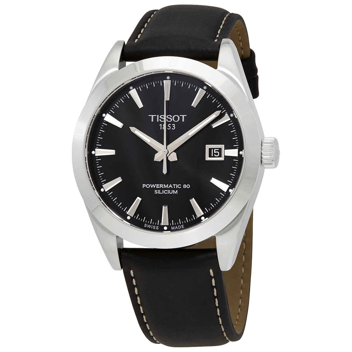 Tissot Gentleman Powermatic 80 Silicium Black Dial Black Leather Strap Watch For Men - T127.407.16.051.00