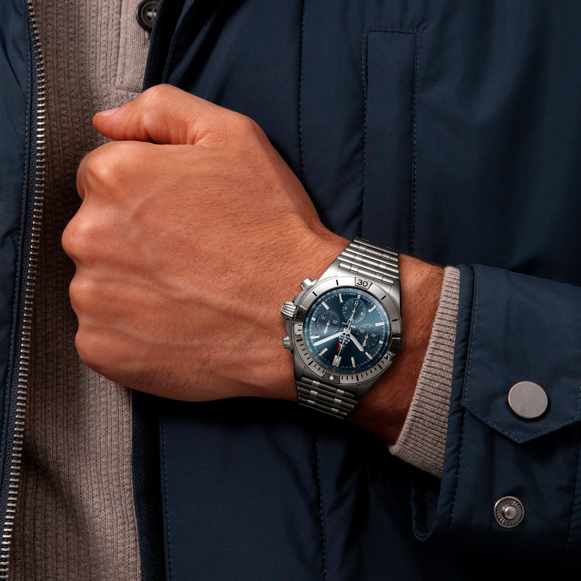  Shop Authentic Breitling Chronomat B01 42 Frecce Tricolori Blue Dial Silver Steel Strap Watch for Men - AB01344A1C1A1 - Luxxuri