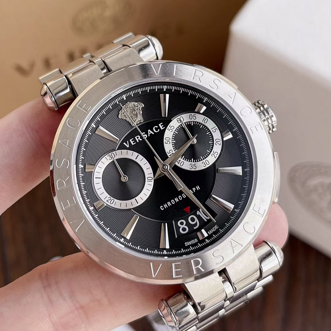  Shop Authentic Versace Quartz Black Dial Silver Steel Strap Watch For Men - VBR080018 - Luxxuri