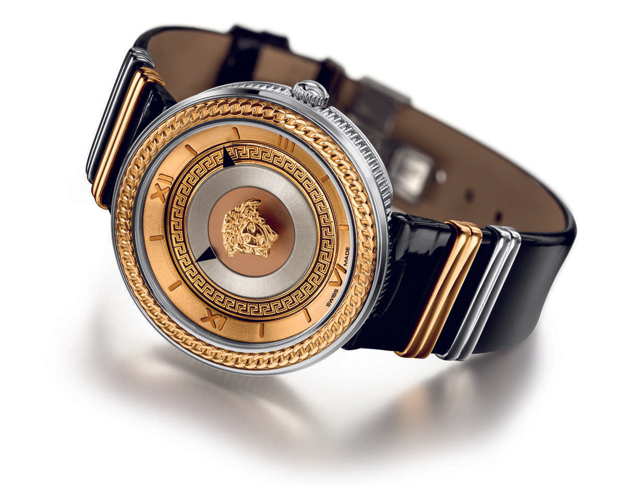 Versace V Metal Icon Gold Dial Black & Silver & Gold Strap Watch for Women - VLC020014