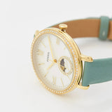  Shop Authentic Fossil Jacqueline Analog Moonphase Mother of Pearl White Dial Green Leather Strap Watch for Women - ES5168 - Luxxuri