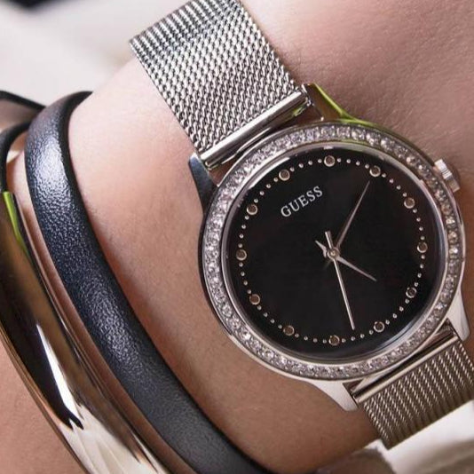 Guess Chelsea Crystals Black Dial Silver Mesh Bracelet Watch For Women  - W0647L5