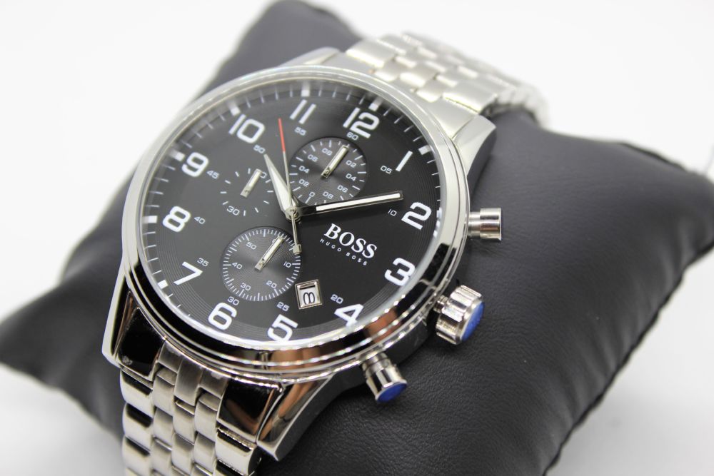  Shop Authentic Hugo Boss Aeroliner Chronograph Quartz Black Dial Silver Steel Strap Watch For Men - HB1512446 - Luxxuri