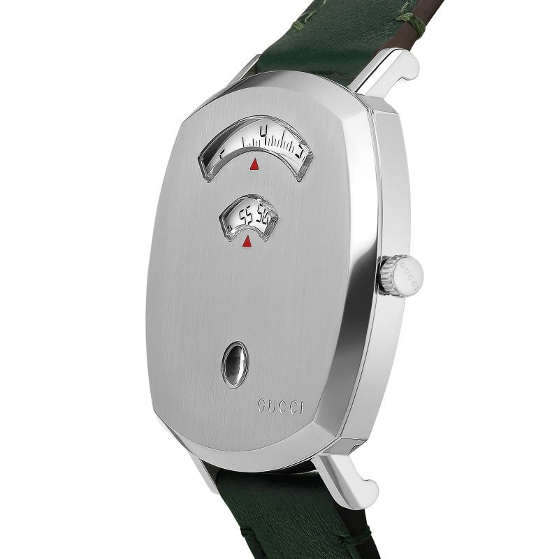  Shop Authentic Gucci Grip Silver Dial Green Leather Strap Unisex Watch - YA157412 - Luxxuri