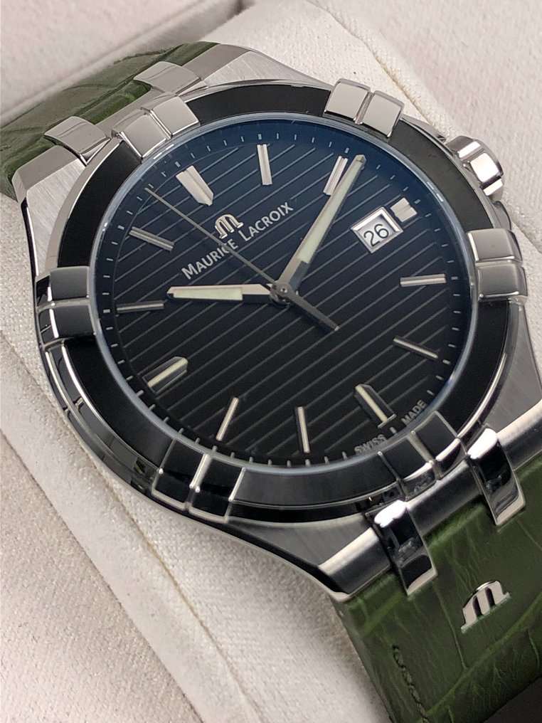  Shop Authentic Maurice Lacroix Aikon Quartz Black Dial Green Crocodile Leather Strap Watch for Men - AI1008-PVB21-330-1 - Luxxuri