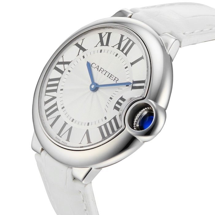  Shop Authentic Cartier Ballon Bleu de Cartier Silver Dial White Leather Strap Watch for Women - W6920087 - Luxxuri