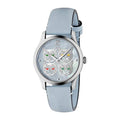  Shop Authentic Gucci G Timeless Quartz Mother of Pearl Dial Blue Leather Strap Watch For Women - YA1264124 - Luxxuri