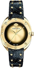  Shop Authentic Versace Shadov Quartz Gold Dial Black Leather Strap Watch for Women - VEBM00318 - Luxxuri
