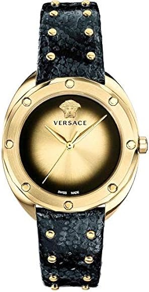  Shop Authentic Versace Shadov Quartz Gold Dial Black Leather Strap Watch for Women - VEBM00318 - Luxxuri