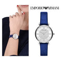  Shop Authentic Emporio Armani Gianni T Bar Quartz Crystals Silver Dial Blue Leather Strap Watch For Women - AR11344 - Luxxuri