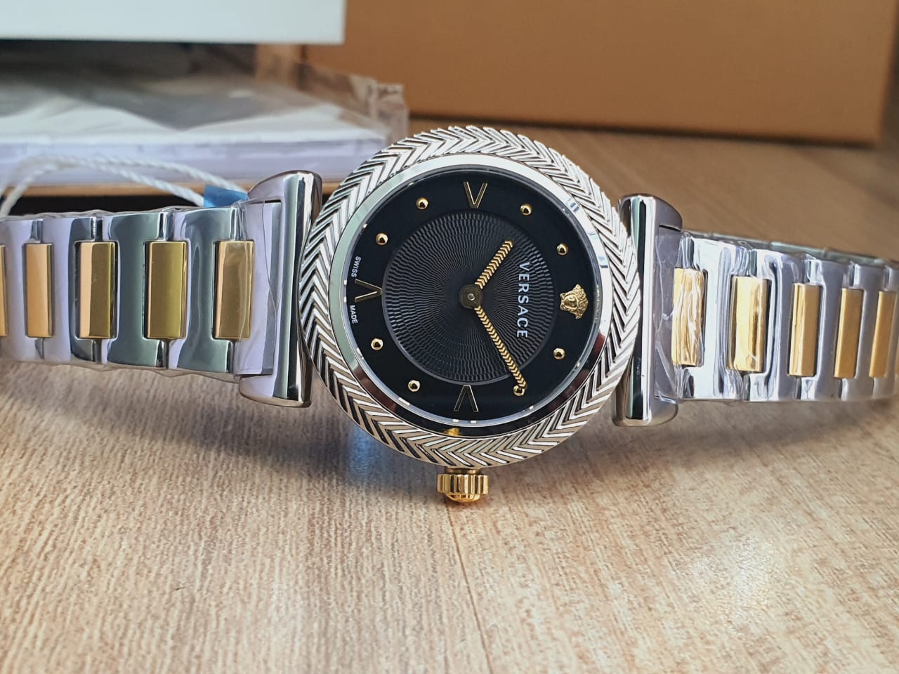  Shop Authentic Versace V-Motif Black Dial Two Tone Steel Strap Watch for Women - VERE00518 - Luxxuri