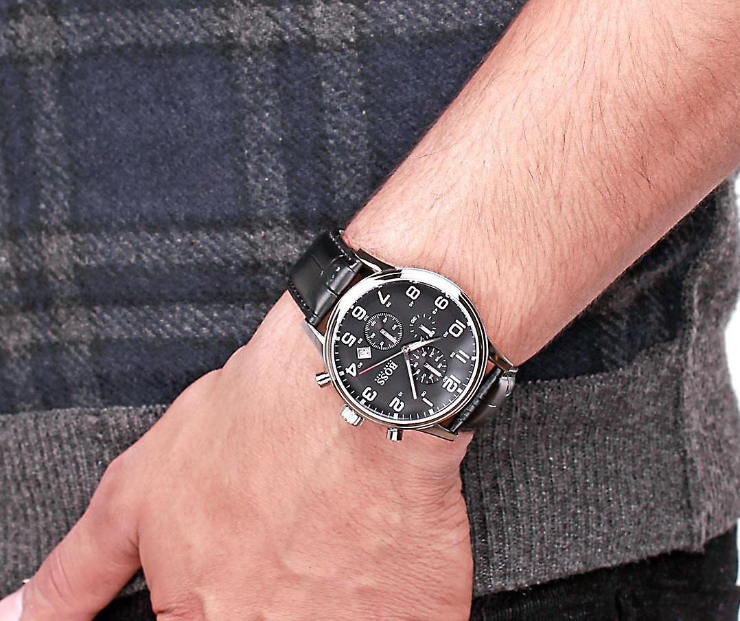  Shop Authentic Hugo Boss Aeroliner Chronograph Black Dial Black Leather Strap Watch For Men - 1512448 - Luxxuri