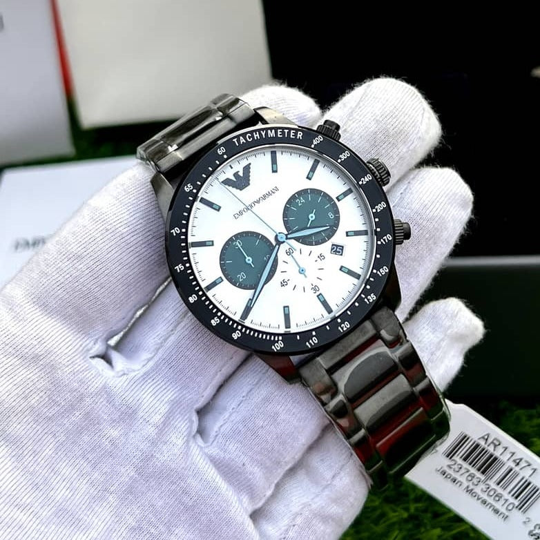  Shop Authentic Emporio Armani Mario Chronograph White Dial Black Steel Strap Watch For Men - AR11471 - Luxxuri