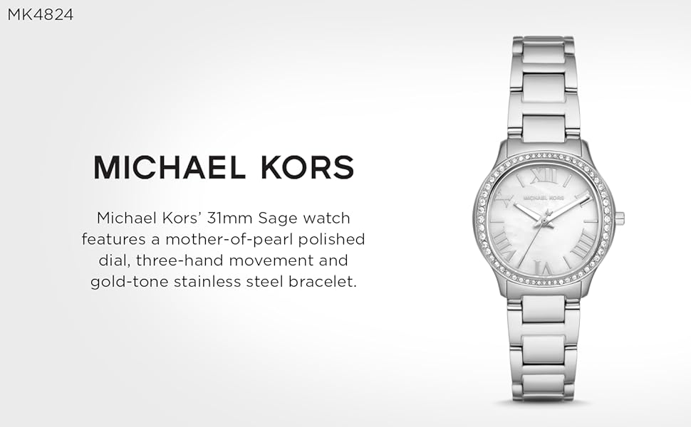 Michael Kors Sage Three-Hand Mother of Pearl White Dial Silver Steel Strap Watch for Women - MK4824