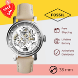  Shop Authentic Fossil Boyfriend Automatic Skeleton Silver Dial White Leather Strap Watch for Women - ME3069 - Luxxuri