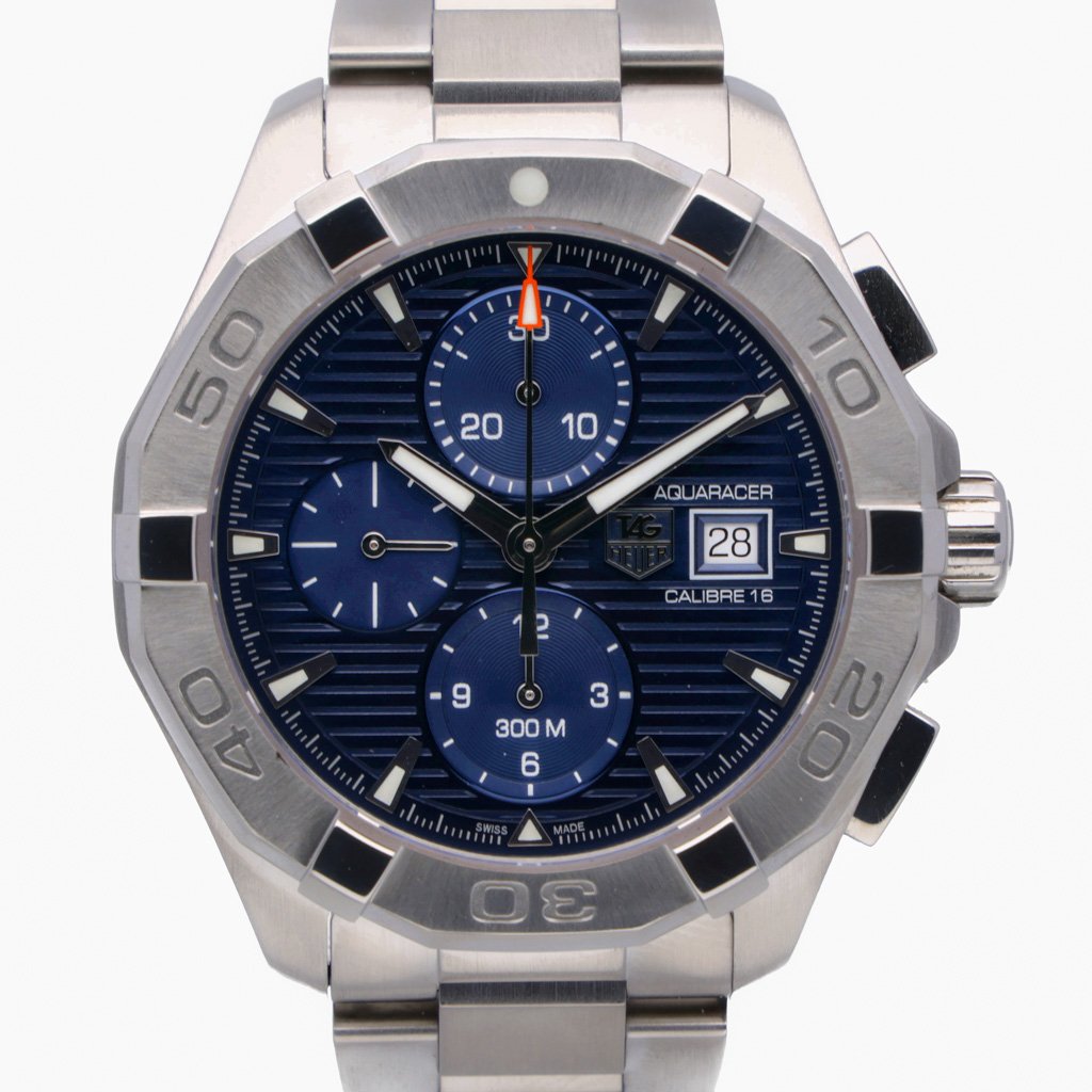  Shop Authentic Tag Heuer Aquaracer Caliber 16 Automatic Chronograph Blue Dial Silver Steel Strap Watch for Men - CAY2112.BA0927 - Luxxuri
