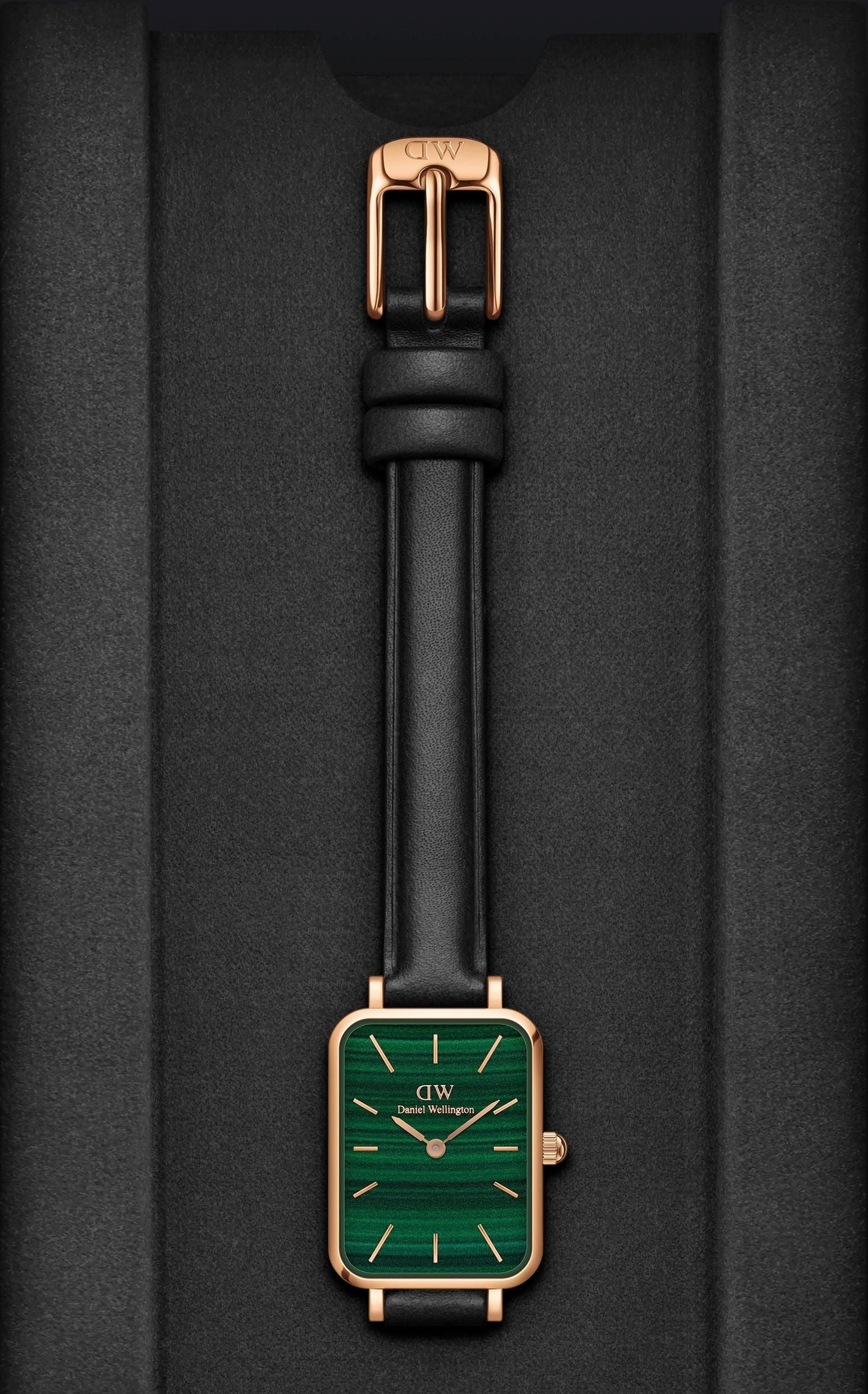  Shop Authentic Daniel Wellington Quadro Pressed Sheffield Green Dial Black Leather Strap Watch For Women - DW00100439 - Luxxuri