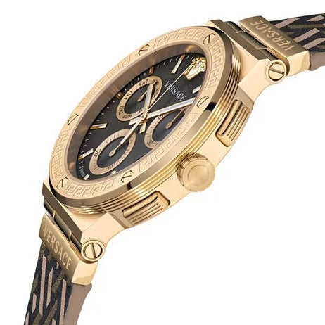 Versace Greca Chronograph Black Dial Brown Leather Strap Watch For Men - VEZ900621