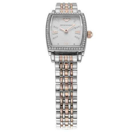  Shop Authentic Emporio Armani Gianni T Bar White Mother Of Pearl Dial Two Tone Steel Strap Watch For Women - AR11519 - Luxxuri
